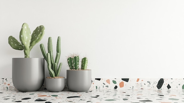 Photo three potted cacti on a terrazzo countertop in front of a white wall