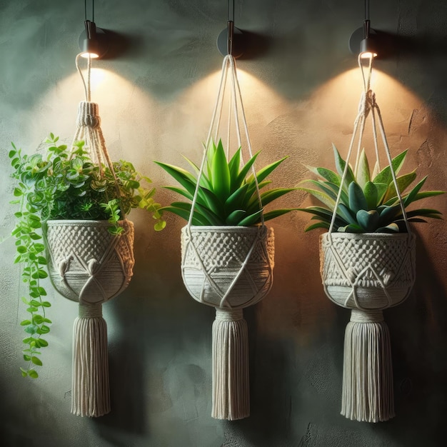 three potted plants are hanging on a wall with a bird on the top