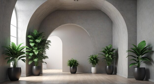 three potted plants are in a room with a fireplace