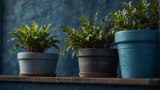 Three potted plants are sitting next to each other on a blue wall