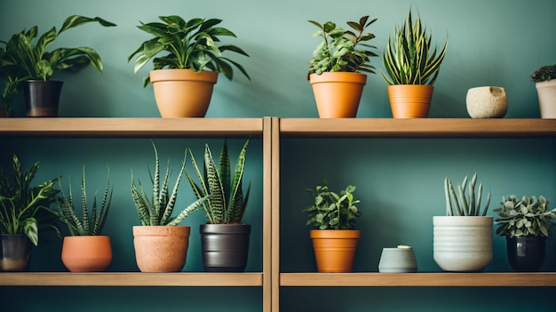 Three potted plants sitting on a shelf in a room