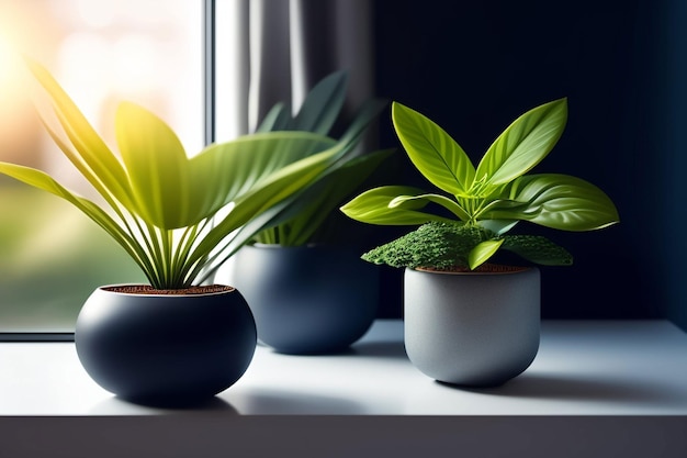 Three potted plants on a windowsill with a window behind them.