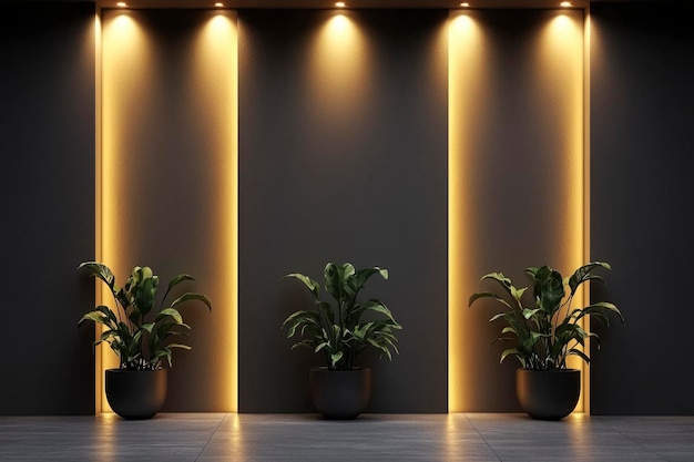 Three potted plants with green leaves against a dark wall with three vertical illuminated strips