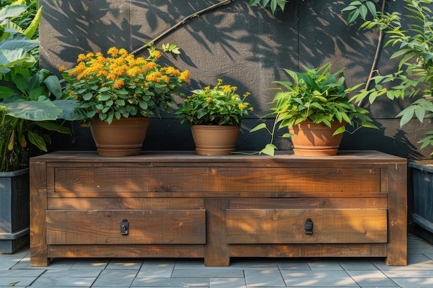 Three Potted Plants on Wooden Bench With Drawers in a Garden Setting