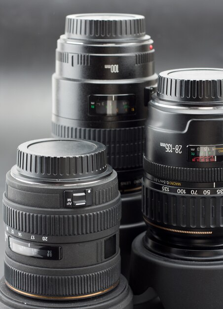 Three professional camera lenses