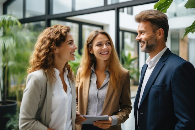 Photo three professionals talking and smiling in office lobby