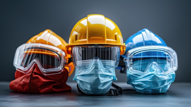 Photo three protective helmets and goggles with face masks representing safety gear for construction and industrial work