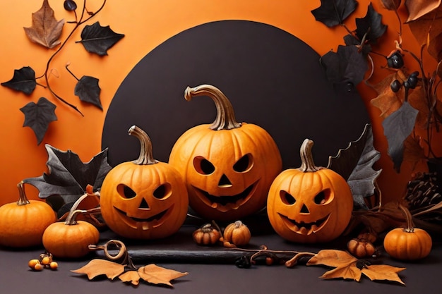 three pumpkins are displayed in front of a wall