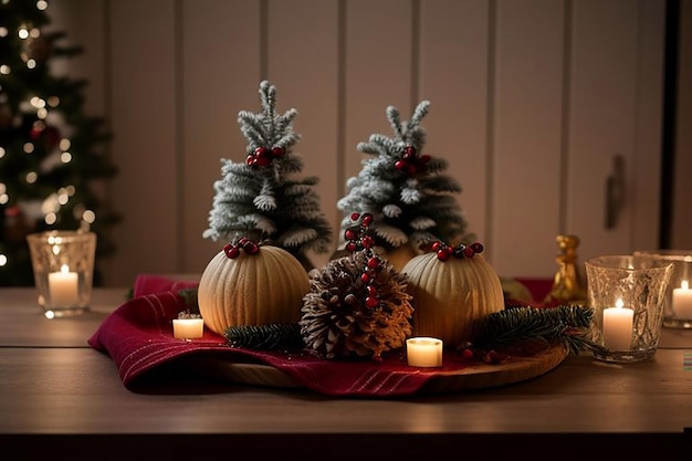 Photo three pumpkins are on a tray with a christmas tree and a small tree on it