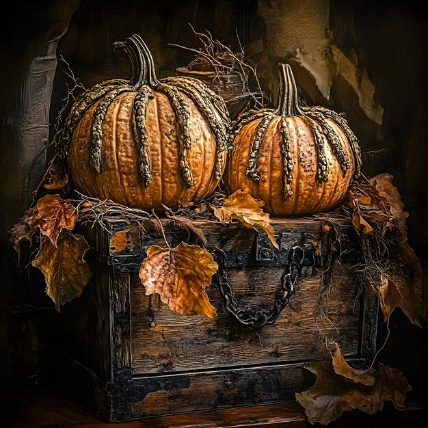 Photo three pumpkins are on a wooden crate with leaves and a black background