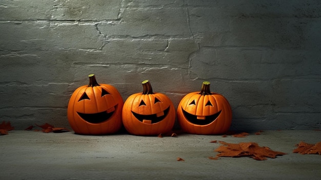 Three pumpkins sit on a floor in front of a brick wall.