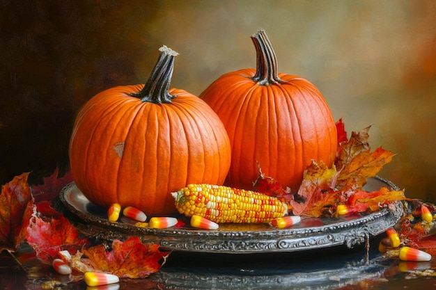 three pumpkins sit on a tray with corn on the cob on the top