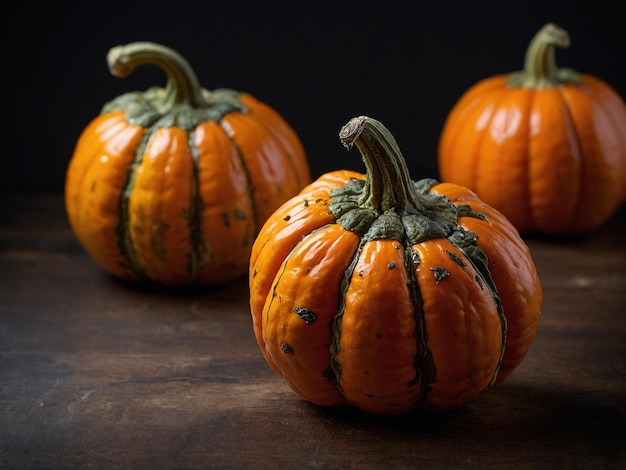 three pumpkins with a black background and one of them has a green stem