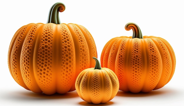 Three pumpkins with a small pumpkin on the front Halloween orange pumpkins on an white background