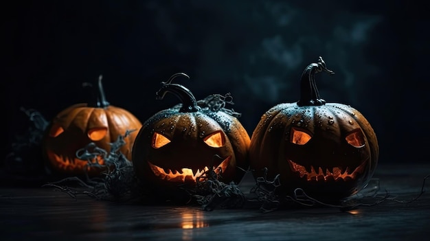 Three pumpkins with the word halloween on them