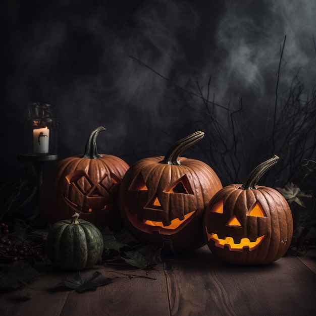 Three pumpkins with the word halloween on them