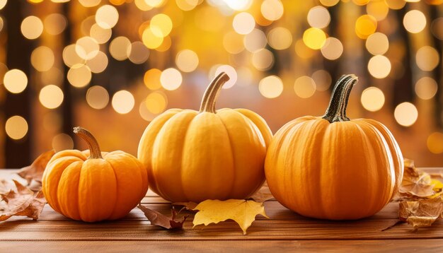 Three Pumpkins on Wooden Table Surrounded by Autumn Leaves Blurred Background