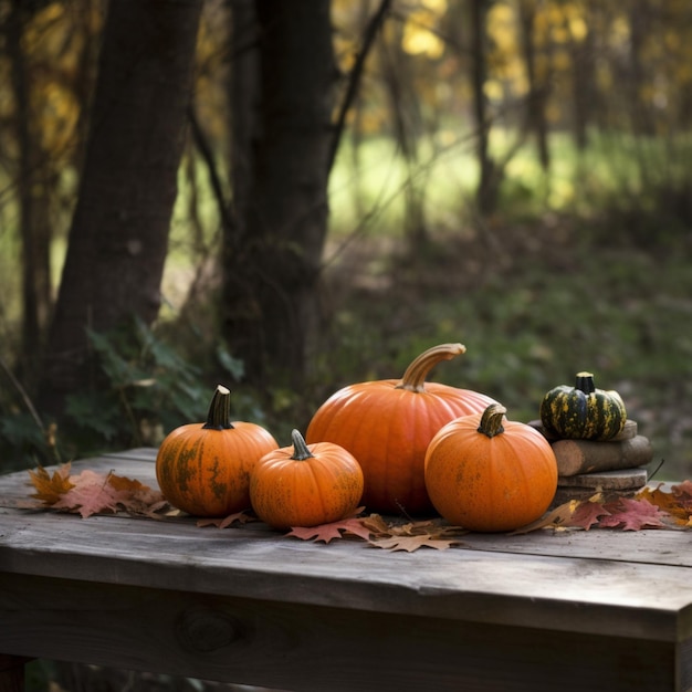 Three pumpkins on a wooden table with other pumpkins on it.