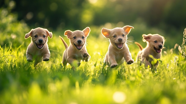 three puppies are running in the grass one of which is a puppy