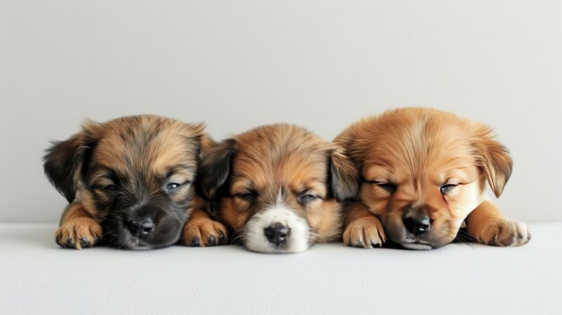 Photo three puppies lounging together on a white surface