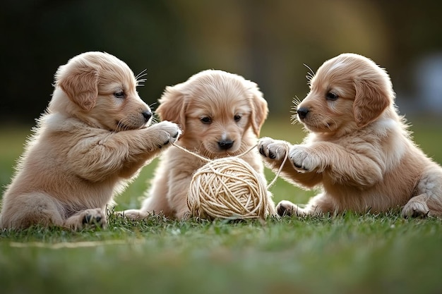 Photo three puppies playing with a ball of yarn