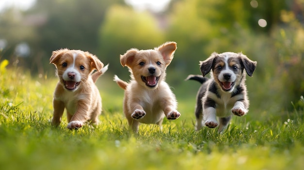 three puppies running in a field with one of them has the word puppy on the front