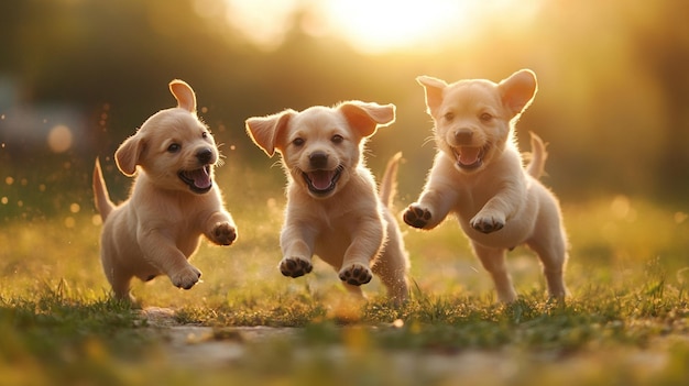 three puppies running in the grass one of which is running