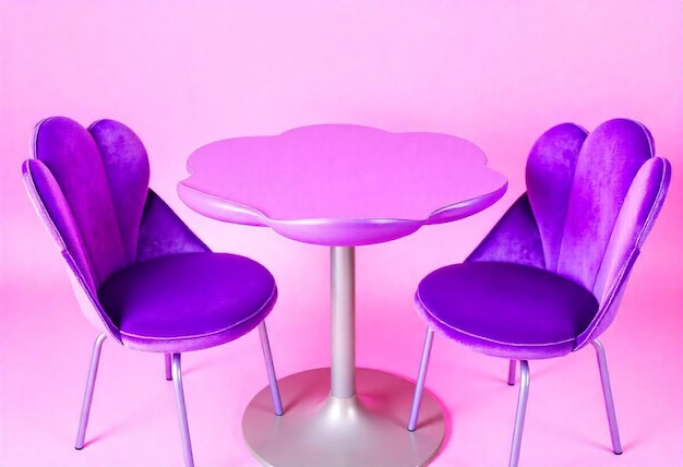 three purple chairs sit next to a pink wall