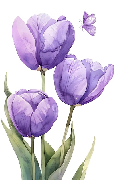 Three Purple Tulips with Butterfly in Flight on White Background