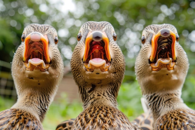 Photo three quirky ducks with amusing expressions looking at the camera