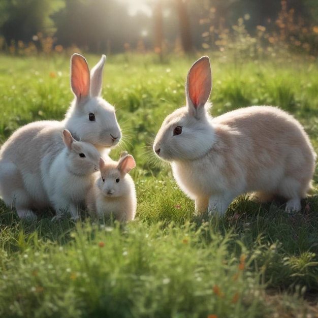 three rabbits are in the grass with one of them has two ears