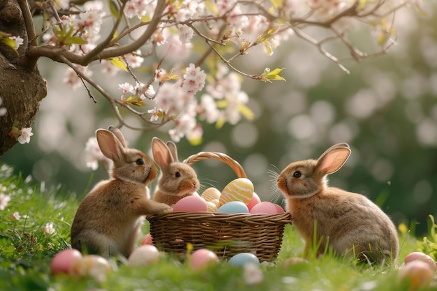 Three rabbits by a basket of easter eggs in the grass aige