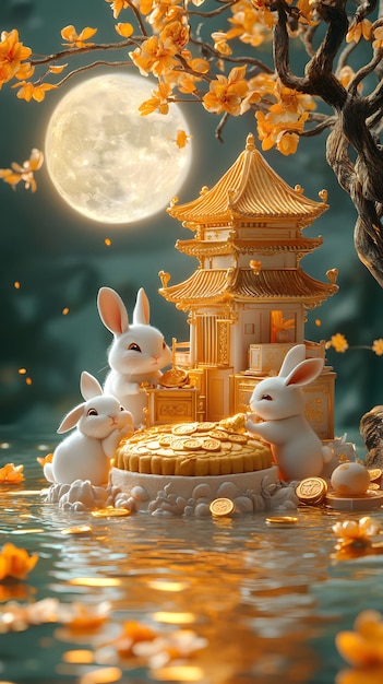 Three rabbits enjoy mooncakes and gold coins by a golden temple under a full moon