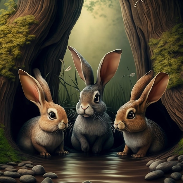 Three rabbits in a stream with a tree in the background