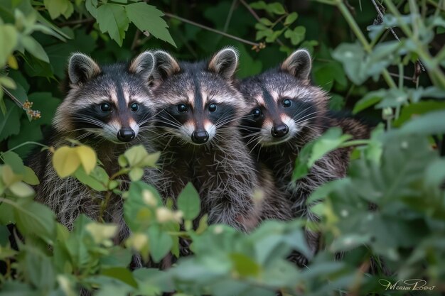 Three raccoons standing in the bushes looking at the camera