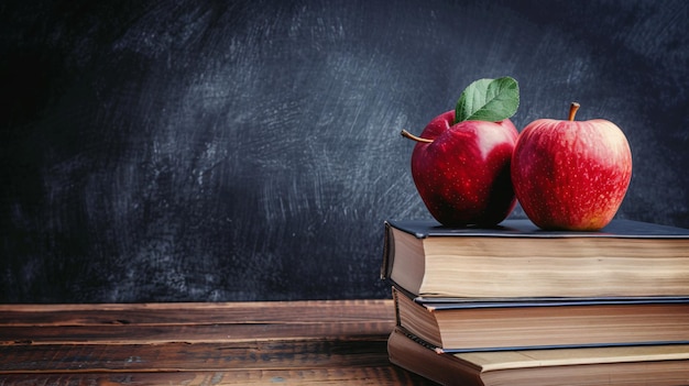 three red apples are on top of a stack of books