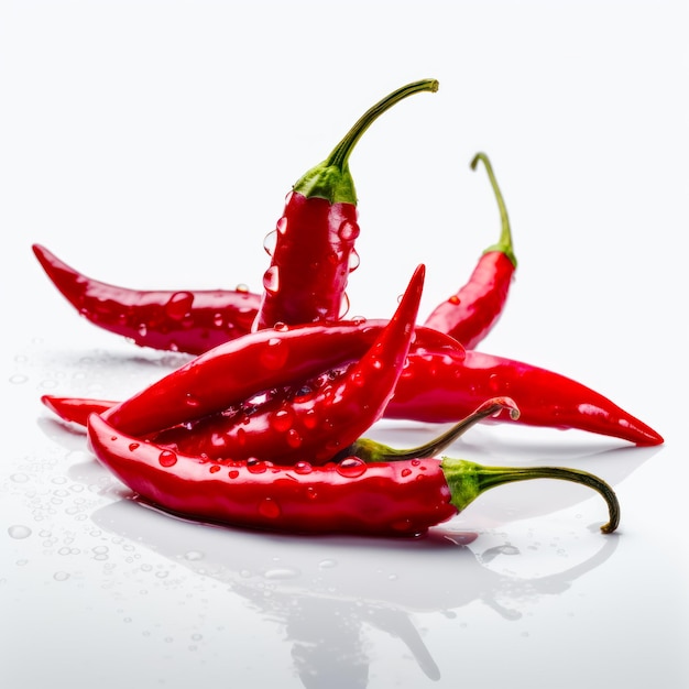 Three red chili peppers with water droplets on the top of them on white background Generative AI