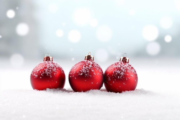 three red christmas balls are sitting in the snow on a snowy surface generative ai