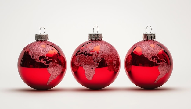 Photo three red christmas ornaments with a world map inside each one against a white background front v