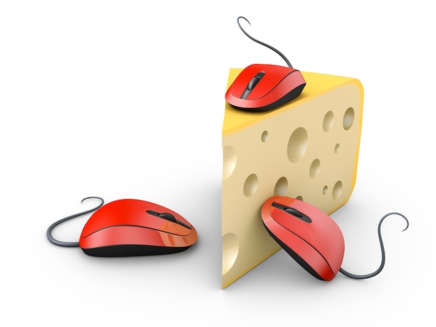 Three red computer mice and a piece of cheese. 3d render.