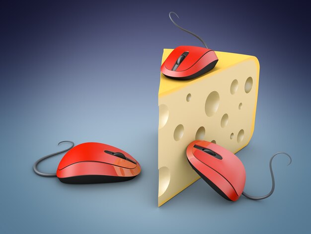 Photo three red computer mice and a piece of cheese. 3d render.