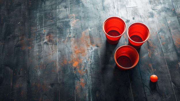 Three red cups set for a game of beer pong on a textured table with a ball nearby