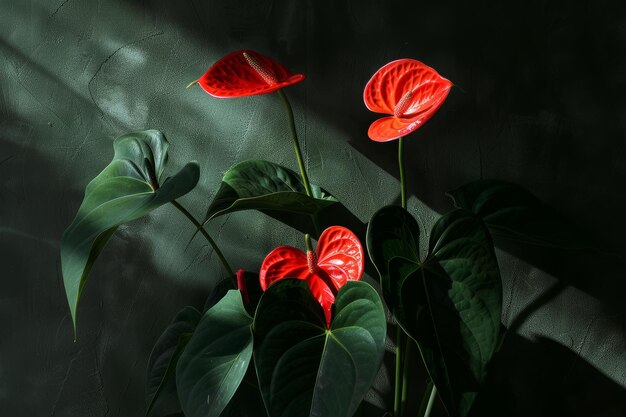 Three Red Flowers in Vase on Table