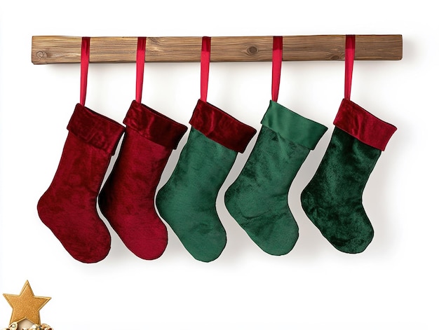 Three red and green Christmas stockings hanging from a wooden bar with ribbons on a white background