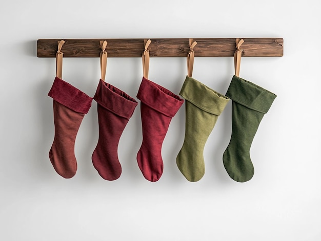 Three red and green Christmas stockings hanging from a wooden bar with ribbons on a white background