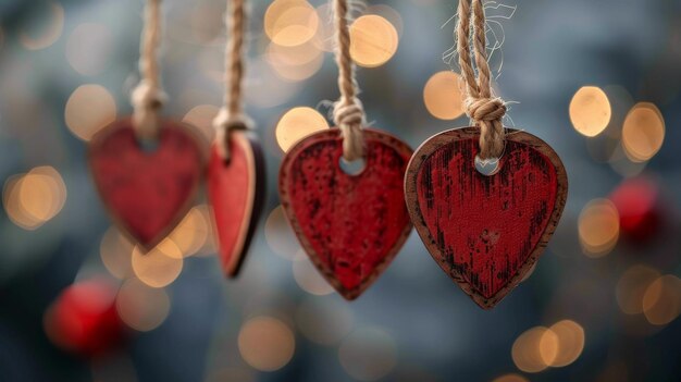 Photo three red hearts hanging with lights background