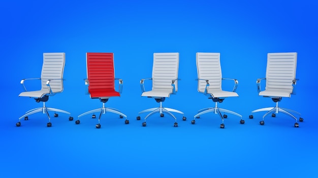 Three red office chairs in a row, one of which is red.