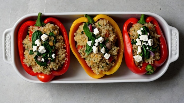 three red peppers with cheese and garnish on them