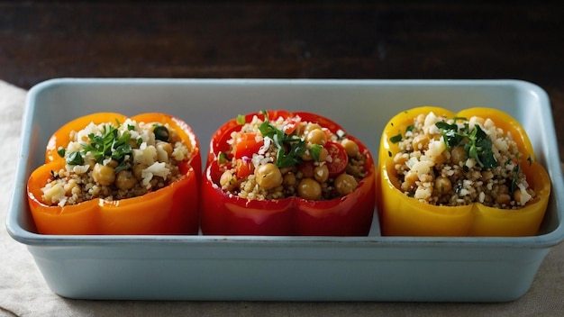 three red peppers with tomatoes and a white container of feta cheese