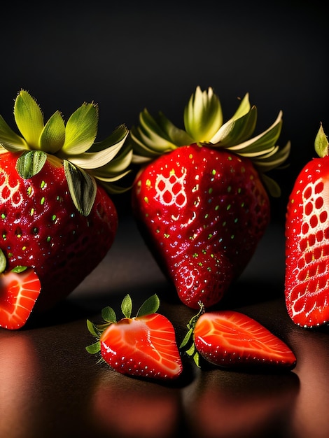 Three red strawberries on a table with one being cut in half.